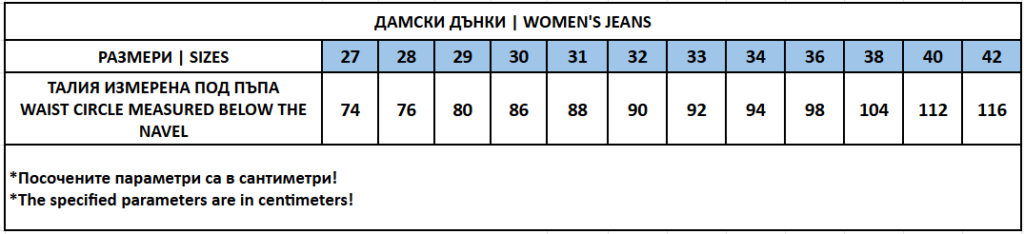 women's jeans size chart