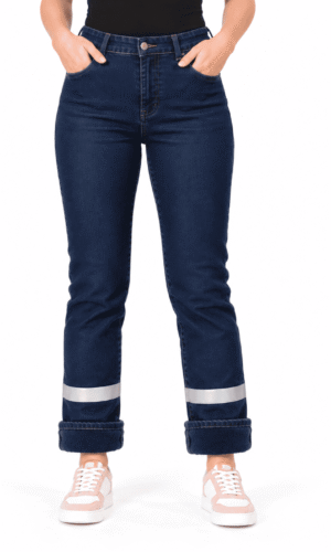 classic women's jeans with reflective strips on the legs, quilted